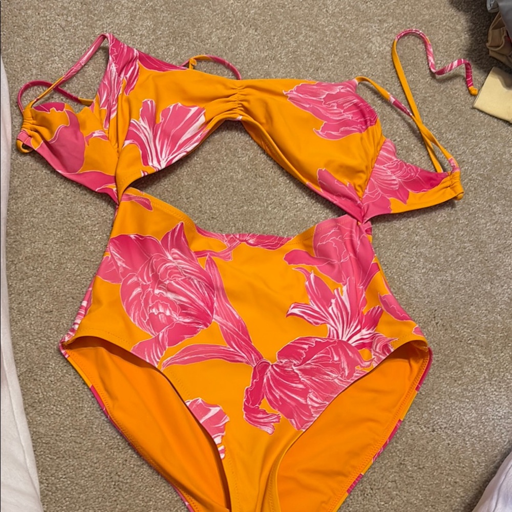 Floral One Piece Swimsuit - Orange and Pink